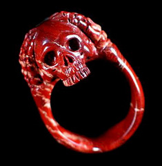 Red Snake Skin Jasper Carved Skull Bones Ring, Crystal, Size 10, R2