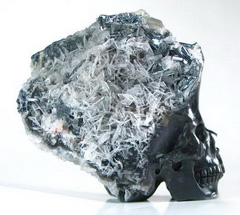 Mineral specimen, 2.6" Stibnite & Muscovite Carved Crystal Skull, Realistic