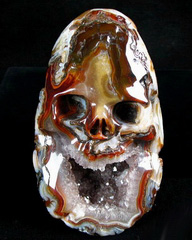 AMAZING GEODE/druse/vug PATTERN 5.1" Crazy Lace Agate Carved Crystal Singing Skull