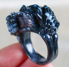 Black Zebra Agate Carved Skull Ring, Crystal , Size 11