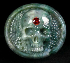 Faceted red Cubic Zirconia and Green Moss Agate Carved Skull Buckle, Crystal