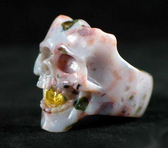 Faceted Cubic Zirconia, Ocean Jasper Carved Singing Skull Ring, Crystal Size 10