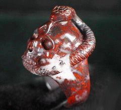 Chinese Bloodstone Carved Skull with Snake Ring, Crystal Size 9