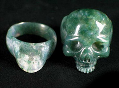 Green Moss Agate Carved Skull Lovers Rings, Crystal detachable Jaw