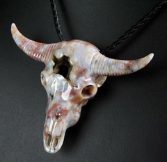 Amazing, Ocean Jasper Carved Bull Skull Pendant, Crystal Geode