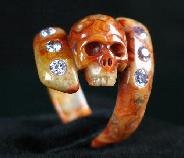 Faceted Purple Cubic Zirconia, Crazy Lace Agate Carved Skull Ring, Crystal Size 9