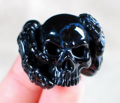 Unusual Black Agate Carved Skull and Bones Ring, Crystal Size 11