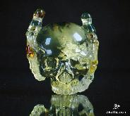 Clear Baltic Amber Carved Crystal Skull and Bones Pendant
