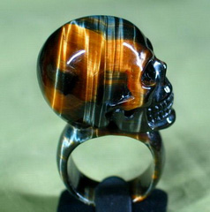 Tiger' Eye Carved Crystal Skull Ring, Size 9