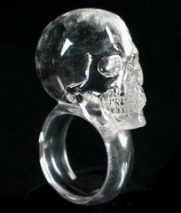 Clear Quartz Rock Crystal Carved Crystal Skull Ring, Size 10