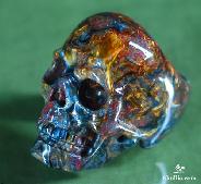Bule & Gold Pietersite Carved Crystal Skull Ring, Size 9 1/8