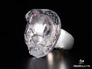 Clear Quartz Rock Crystal Carved Crystal Skull Ring, Ruby Eyes, Size 7 1/2