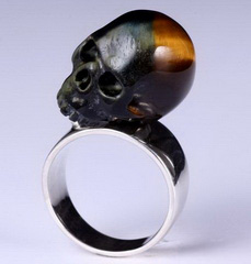 Blue & Gold Tiger Eye Carved Crystal Skull Ring, Size 8