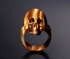 Gold Tiger Eye Carved Crystal Skull Ring