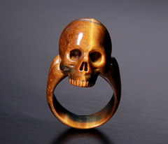 Gold Tiger Eye Carved Crystal Skull Ring