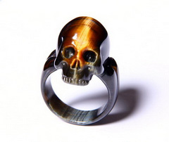 Blue & Gold Tiger Eye Carved Crystal Skull Ring