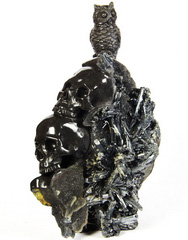 Mineral Specimen Unique Huge 5.5" Stibnite Carved Crystal Skulls and Owl Sculpture