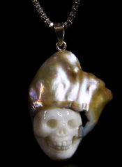 1.0" Pearl Carved Crystal Skull Pendant with Sterling Silver
