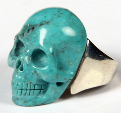 Size 9 1/2, Turquoise Carved Crystal Skull Ring