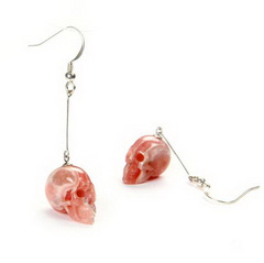 Gemstone Rhodochrosite Carved Crystal Skull Earrings with Sterling Silver