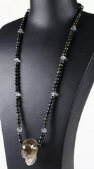 Smokey Quartz Rock Crystal Carved Crystal Skull with 108 Tiger Eye Beads Necklace