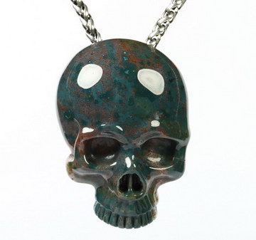Necklace of 1.5" Bloodstone Hand Carved Crystal Skull Pendant, Skull Jewelry