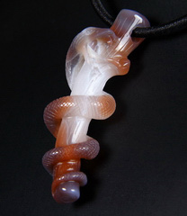 Fine Gemstone Mozambique Agate Carved Crystal Snake with Coral Branch Pendant #4804762