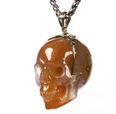 Fine Gemstone Mozambique Agate & 925 Sterling Silver Carved Crystal Skull Pendant with 925 Sterling Silver #4804783