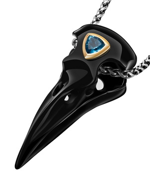 Necklace of Black Obsidian Carved Crystal Raven Skull Pendant with Blue Sky Topaz and 925 Sterling Silver Chain, Gold over Sterling Silver