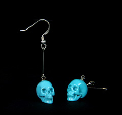 Gemstone Turquoise Carved Crystal Skull Earrings with Sterling Silver