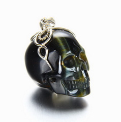Flash 1.1" Blue & Gold Tiger Eye Carved Crystal Skull Pendant with Sterling Silver