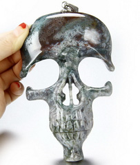 Huge 5.2" Green Moss Agate Carved Crystal Skull Pendant