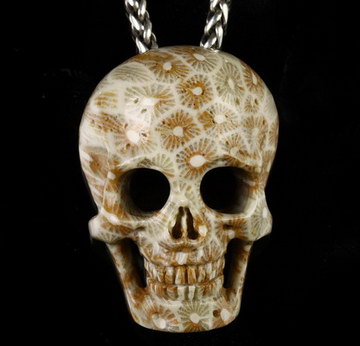 Necklace of 1.5" Coral Fossil Hand Carved Crystal Skull Pendant, Skull Jewelry