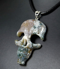 Green Moss Agate Carved Crystal Skull Pendant with Sterling Silver
