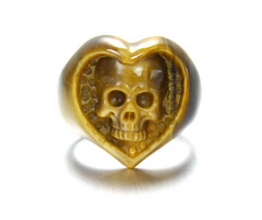 Size 9 1/2, Gold Tiger Eye Carved Crystal Skull Ring