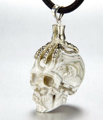 Gemstone Laguna Lace agate Carved Crystal Skull with sterling silver Bones Pendant