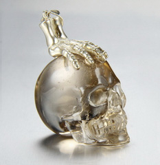 1.7" Smoky/Smokey Quartz Rock Crystal Carved Crystal Skull with sterling silver Bones Pendant