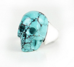 Gemstone Size 12, Turquoise Carved Crystal Skull Ring with sterling silver
