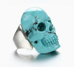 Size 9 1/2, Turquoise Carved Crystal Skull Ring with Sterling Silver