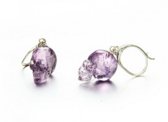 Gemstone Amethyst Carved Crystal Skull Earrings with Sterling Silver