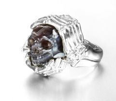 Fine Gemstone Size 8, Mozambique Agate & 925 Sterling Silver Carved Crystal Skull with 925 Sterling Silver Bones Ring