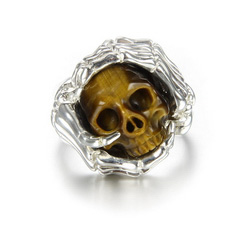 Gemstone Size 10 1/2, Gold Tiger Eye Carved Crystal Skull with sterling silver Bones Ring