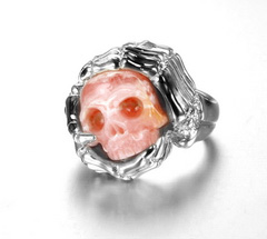 Gemstone size 9, Rhodochrosite & 925 Sterling Silver Carved Crystal Skull with 925 Sterling Silver Bones Ring