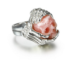 Gemstone Size 8 1/2, Rhodochrosite Carved Crystal Skull with sterling silver Bones Ring