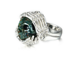 Gemstone Size 8, Bloodstone Carved Crystal Skull with sterling silver Bones Ring