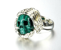 Gemstone US Size #12.5, Malachite Carved Crystal Skull with sterling silver Bones Ring