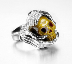 Gemstone Size 9 1/2, Gold Tiger Eye & 925 Sterling Silver Carved Crystal Skull with 925 Sterling Silver Bones Ring