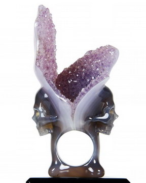 Two of a Mind - Size 10 1/2, Agate Amethyst Druse Carved Crystal Skulls Ring Sculpture with Black Obsidian Stand