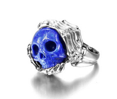 Gemstone Size 7, Lapis Lazuli Carved Crystal Skull Ring with Sterling Silver Bones Ring