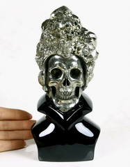 Gold Rider - Pyrite Druse Carved Crystal Skull and Black Obsidian Stand Sculpture